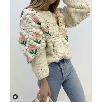 Femei florale realizate manual cardigan cald 2020 iarna moda doamnelor o-gât puff mâneci pulover vintage sex feminin stil preppy