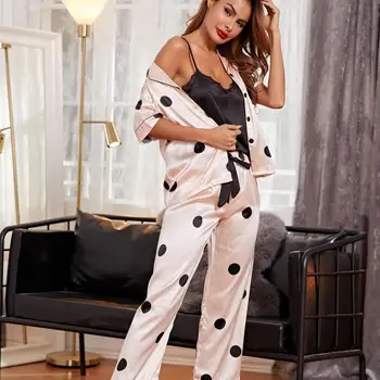 Satin Print Polka Dot Pijamale Femei 3PCS Pijamale Costum de Lenjerie Intima Casual Pijamale, îmbrăcăminte de noapte de Primavara-Vara Noi Acasă Purta
