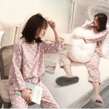 Simplu Pijamale Femei, Pijamale Bumbac Amestec Lobng Maneca Doamnelor Pijama Seturi Homewear de Desene animate Drăguț Seară