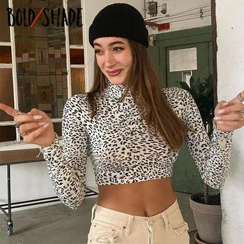 Bold Umbra Indie Tendințe de Moda Tricouri Vintage Leopard de Imprimare Guler Culturilor Topuri Femeile de Bază Teuri Y2K Estetice Haine Cald
