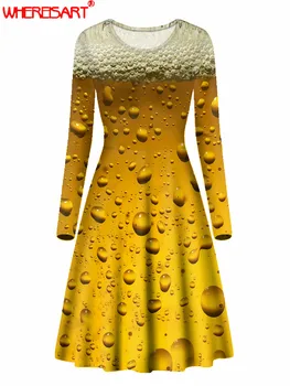 WHEREISART Bere Imprimate 3D Plus Dimensiunea Rochie cu Maneci Lungi Elegante, Rochii Retro Femei O-gât Toamna de Înaltă Elastic Rochii Vintage