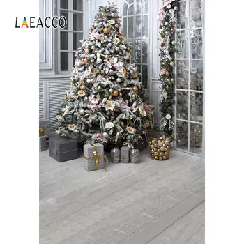 Laeacco Casă Rurală Merry Christmas Tree Minge Cadou Podea De Lemn Petrecere Copil Interior Fundal Fotografie, Fotografie, Fundal