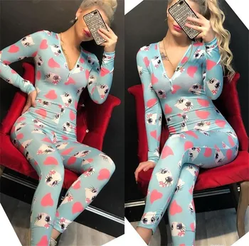 2020 Femei cu Maneci Lungi V-neck Singur Pieptul Pijama Salopeta Casual Pijamale de sex Feminin Print Slim Fit O Piesă de îmbrăcăminte de noapte Vladan