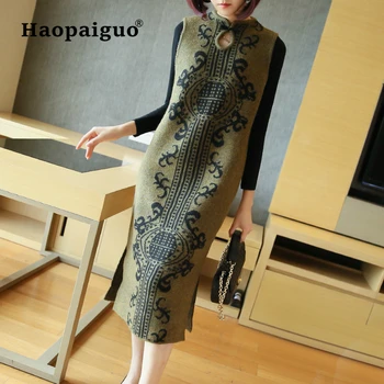 Dimensiune Mare A Păstra Cald Rochie De Epocă Femei Cheongsam Stil De Imprimare Tricotate Rochii Femei Rochie Pulover Elegant Vetement Femme 2020