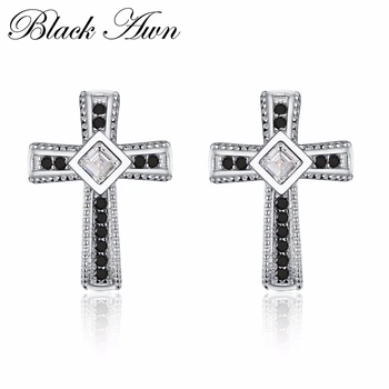 [BLACK DAWN] 925 Sterling Silver Cercei Spinel Negru Logodna Stud Cercei pentru Femeile Cruce de Argint 925 Bijuterii T106