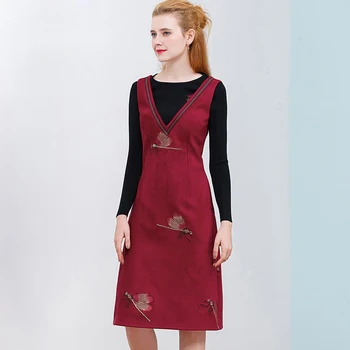 Singurul Plus Femeile Red Suede Încreți Butonul De Înaltă Calitate, De Sex Feminin De Iarna Elegante Rochii A-Line Îmbrăcăminte Exterioară 2020