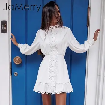 JaMerry Streetwear femei rochie alba cu maneci Lungi zburli gol afară de doamna de vară rochie de Primăvară geometrice felinar buzunare rochie mini