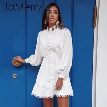 JaMerry Streetwear femei rochie alba cu maneci Lungi zburli gol afară de doamna de vară rochie de Primăvară geometrice felinar buzunare rochie mini
