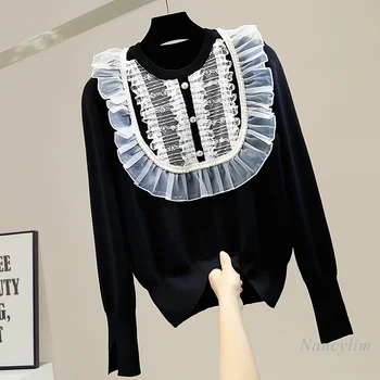 Margele Dulce Dantela Volane Plisate Pulover pentru Femei Mozaic Gât Rotund Pulover Doamnelor Elegante Tricota de Sus Trage Femme