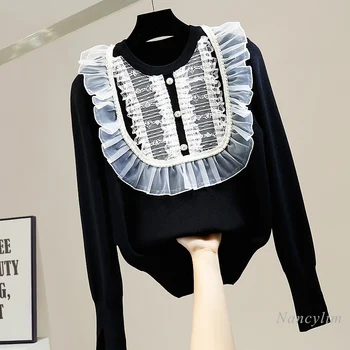 Margele Dulce Dantela Volane Plisate Pulover pentru Femei Mozaic Gât Rotund Pulover Doamnelor Elegante Tricota de Sus Trage Femme