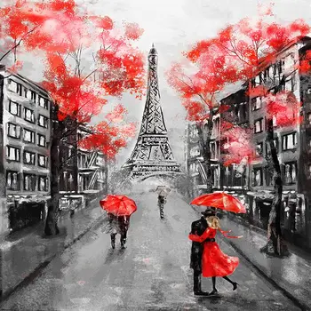 Perdea cu Street View de Turnul Eiffel Clădiri și Copaci Zi de Toamna din Paris, Oraș European Peisaj Gri Rosu