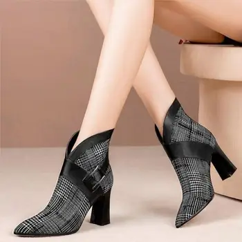 2020 Nou Stil Britanic Femei Cizme cu Toc Înalt Catarama Gladiator Pantofi Model Carouri Glezna Cizme Toc Gros Subliniat toe Grila