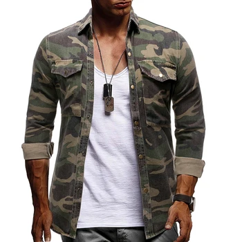 Denim Cămașă Bărbați 2019 Camuflaj De Moda Jean Tricouri Casual Cu Maneci Lungi Grad Ridicat De Hip-Hop Streetwear Imbracaminte Salopete Uza