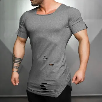 Muscleguys Îmbrăcăminte de Fitness 2019 Vara Tricou Barbati Rupt Gaura T-shirt Mens Slim Fit Tricouri Barbati Hip Hop Extinde Săli de sport Tricou