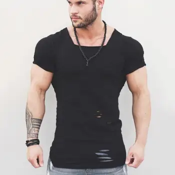Muscleguys Îmbrăcăminte de Fitness 2019 Vara Tricou Barbati Rupt Gaura T-shirt Mens Slim Fit Tricouri Barbati Hip Hop Extinde Săli de sport Tricou