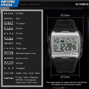 Mens Ceas Sport SYNOKE 9021 Ecran Mare 3Bar Impermeabil Ceas Digital Multifuncțional Ceas Deșteptător Masculin Millitary reloj hombre
