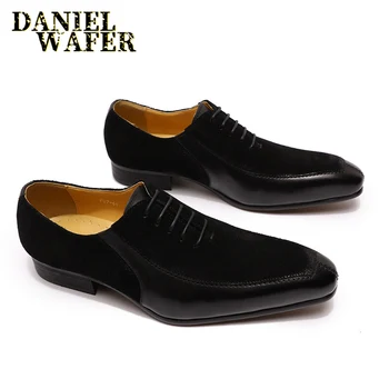Design de lux Mens Oxford Lace up Split Deget de Cafea Neagră, Birou de Nunta Formale Bărbați Pantofi Rochie Mozaic piele de Căprioară Pantofi de Piele Barbati