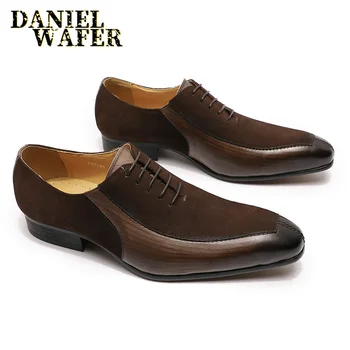 Design de lux Mens Oxford Lace up Split Deget de Cafea Neagră, Birou de Nunta Formale Bărbați Pantofi Rochie Mozaic piele de Căprioară Pantofi de Piele Barbati