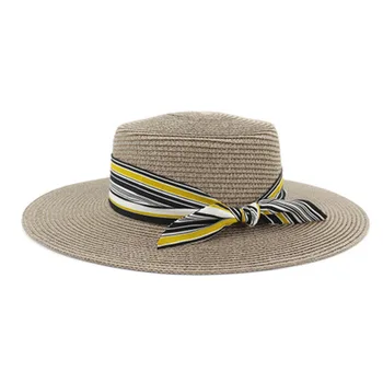 Femei pălării de paie vara primavara flat top cu panglică band bowknot femei pălării de vară elegant margine largă handmade în aer liber, pălării de soare