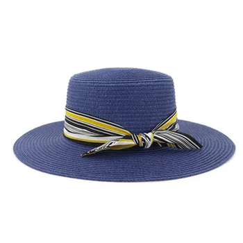 Femei pălării de paie vara primavara flat top cu panglică band bowknot femei pălării de vară elegant margine largă handmade în aer liber, pălării de soare