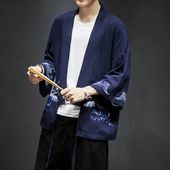 MRDONOO stil Chinezesc Hanfu lungă cu mâneci cardigan robe Chineză retro macara brodate mantie de sus Tang costum bărbați tineri sacou
