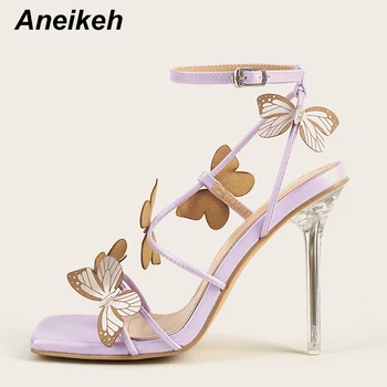 Aneikeh Sandalias Mujer 2020 Aplici Fluture Bandă Îngustă de Moda Dulce Tocuri inalte Pantofi pentru Femei Violet Vara Capul Peep Toe