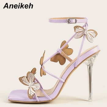 Aneikeh Sandalias Mujer 2020 Aplici Fluture Bandă Îngustă de Moda Dulce Tocuri inalte Pantofi pentru Femei Violet Vara Capul Peep Toe