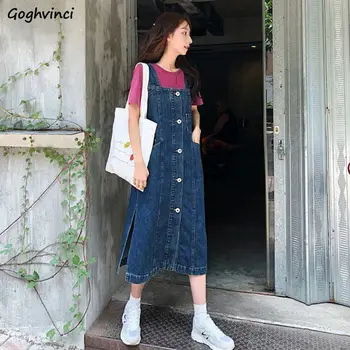Rochie fără mâneci Femei Denim Singur Brested Chic de Agrement Moda Stil coreean de la Jumătatea vițel de Inalta Calitate Streetwear Simplu All-meci