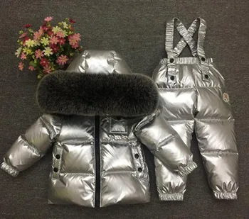 Copii de iarnă pentru băieți și fete sacou în jos pantalonii și haina de argint costum de ski 2 piese guler de blană naturală de copii pentru copii tollder îmbrăcăminte