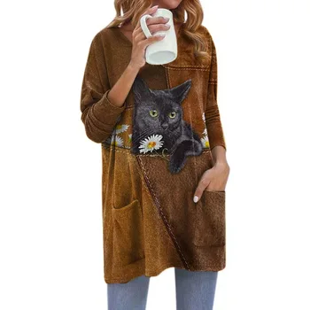 Moda Buzunar Cat de Imprimare Mid-lungime tricou Femei, cu Maneci Lungi V-Neck Top Casual 2021Spring Toamna Noua Doamnelor Plus Dimensiune Tricou
