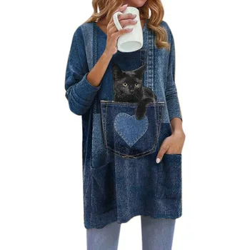 Moda Buzunar Cat de Imprimare Mid-lungime tricou Femei, cu Maneci Lungi V-Neck Top Casual 2021Spring Toamna Noua Doamnelor Plus Dimensiune Tricou