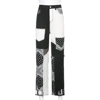 Wjustforu Epocă De Imprimare Mozaic Blugi Femei Streetwear Casual, Talie Mare Pantaloni Drepte Femeie Iubiți Mama Pantaloni