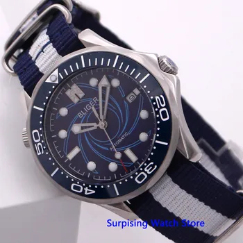 Bliger 41mm Cadran Albastru Mecanice Mens Watch Curea Nailon Safir Cristal Luminos Impermeabil Calendar Automatic Ceas de mână pentru Bărbați