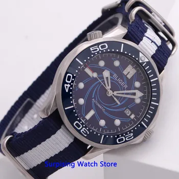 Bliger 41mm Cadran Albastru Mecanice Mens Watch Curea Nailon Safir Cristal Luminos Impermeabil Calendar Automatic Ceas de mână pentru Bărbați