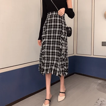 Femei Elegante De Primavara Toamna Fusta Feminin Imperiul Lână Ciucuri Carouri Japonia Epocă 2020 Fashion Casual Office Doamnelor Mijlocul SkirtsS39