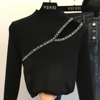 2019 Nouă de Primăvară și Toamnă pentru Femei High-gât Pulover Feminin Open-umăr Tricotate de Bază Tricou Casual cu Maneci Lungi Tricotaje