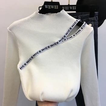 2019 Nouă de Primăvară și Toamnă pentru Femei High-gât Pulover Feminin Open-umăr Tricotate de Bază Tricou Casual cu Maneci Lungi Tricotaje
