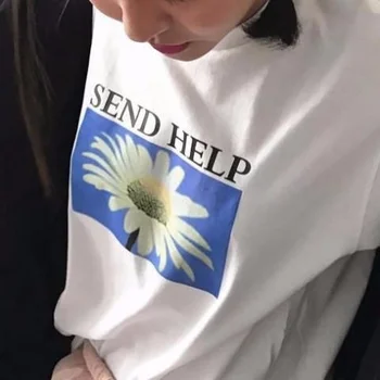 Kuakuayu HJN Trimite Ajutor Daisy Print T-Shirt Femei Harajuku Grunge Moda White Graphic Tee Liber Casual Alb Topuri