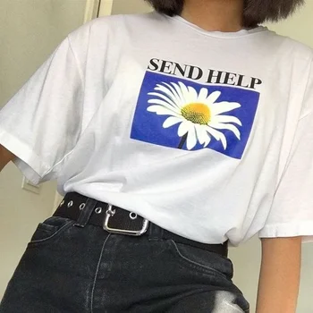 Kuakuayu HJN Trimite Ajutor Daisy Print T-Shirt Femei Harajuku Grunge Moda White Graphic Tee Liber Casual Alb Topuri