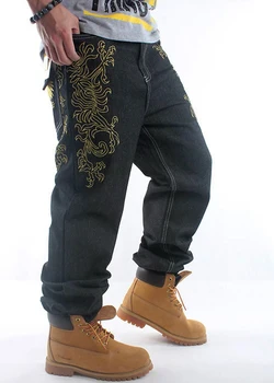 2019 Noul Negru mens hip hop broderii de aur largi largi stil băiat denim pantaloni sex masculin blugi pantaloni plus size30-46