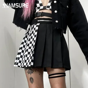 IAMSURE Streetwear Tablă de șah Mozaic Fuste Plisate Pentru Femei Gotice Punk Stil de Mare Talie de sex Feminin Fuste Mini de Vară 2020