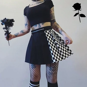 IAMSURE Streetwear Tablă de șah Mozaic Fuste Plisate Pentru Femei Gotice Punk Stil de Mare Talie de sex Feminin Fuste Mini de Vară 2020