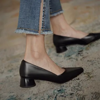 EOEODOIT Nouă Femei din Piele, Pantofi cu Toc Indesata Scăzut Alunece de Pe Deget de la picior Pătrat Doamnă Birou de Lucru OL Pompe Superficial Pantofi 3 CM