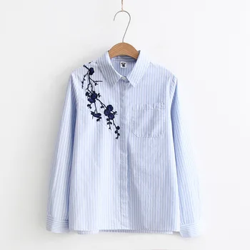 Femei Toamna Noua Moda Bluza din Bumbac Pentru Femei Albastru Și Alb Dungi cu Maneci Lungi Tricou