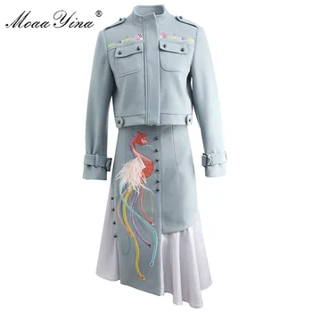 MoaaYina Designer de Moda Set de Primavara-Vara pentru Femei cu maneci Lungi, Broderie geaca Haina+feathert Fusta Două bucata set