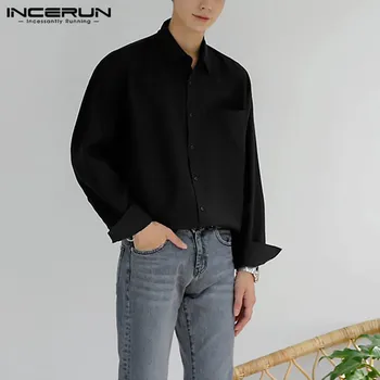 INCERUN Moda Barbati Tricou Rochie Rever Culoare Solidă Maneca Lunga Streetwear Business Casual Shirt Mens Stil coreean Liber Camisas