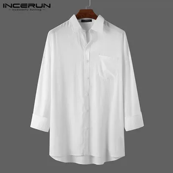 INCERUN Moda Barbati Tricou Rochie Rever Culoare Solidă Maneca Lunga Streetwear Business Casual Shirt Mens Stil coreean Liber Camisas