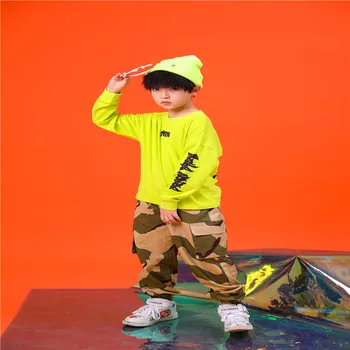 Verde Fluorescent Tricou pentru Băiat pe Stradă Copii Costum de Dans Hip hop Jazz Jazz Haine Spectacol de teatru de Îmbrăcăminte 4 6 8 10 12