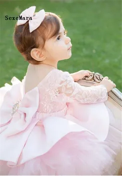 Roz tul tutu fetita pânză de 1 an petrecerea de ziua rochie deschis înapoi mâneci lungi rochii fete cu flori copil fata rochie de botez