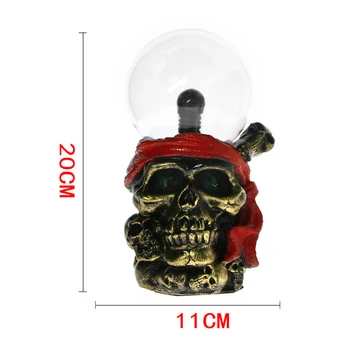 Rânjind Cap De Craniu Cu Bandană Roșie Statuie De Iluminat Sensibil La Atingere Cu Plasmă Mingea Pirat Schelet Ornamente